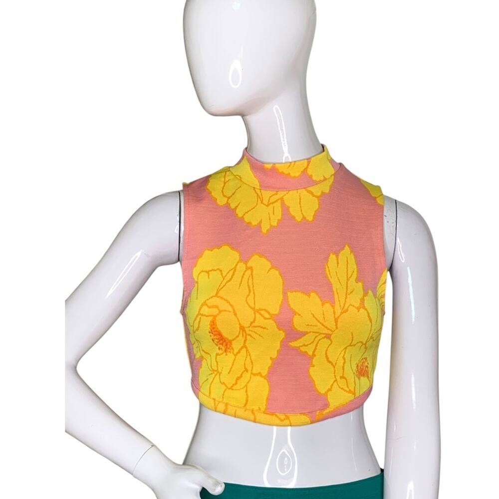 Zara Jacquard Floral Print Cropped Top Sleeveless Mock Neck Pink and Yellow S